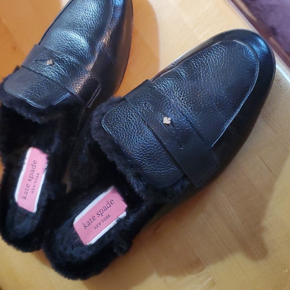 Kate Spade black fur-lined mules